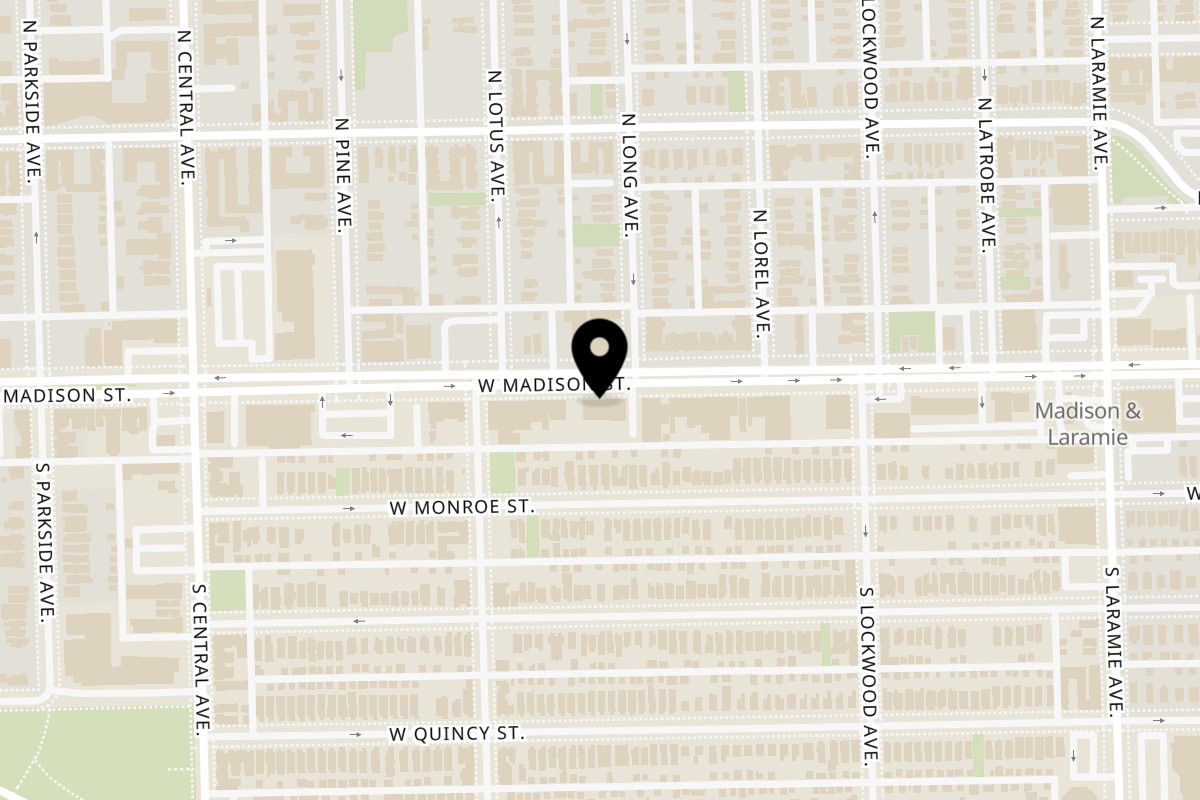 Map showing the location of TNT Rooftop Restaurant on 5405 W Madison St in Chicago